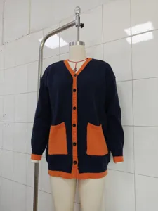 Women's V-neck contrast color knitted cardigan casual long sleeve sweater outerwear