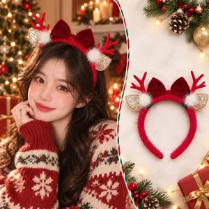 Christmas plush reindeer antler headband red velvet cute hair hoop holiday festive hair accessories