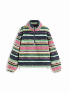 Retro color-block striped fleece jacket detail, half-zip stand collar warm outerwear.