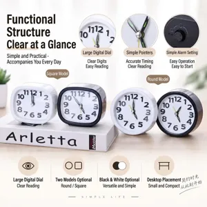 Minimalist small alarm clock, square and round options, black and white desk clock with big numbers.