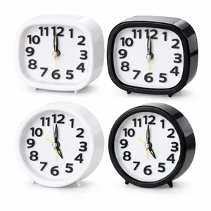 Minimalist desktop alarm clock set, black and white square and round small bedside clocks.