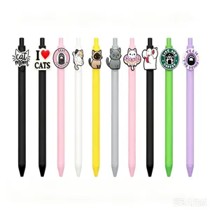 Schattige kat gel pen set, 10 kleurrijke klik balpen pennen met grappige dierenbedeltjes
