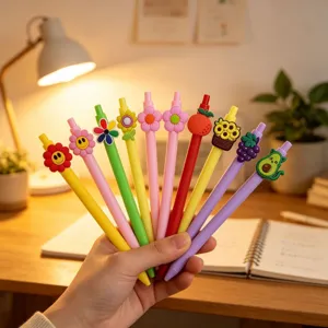 Bonitos bolígrafos de gel con adornos de silicona de flores y frutas para material escolar.
