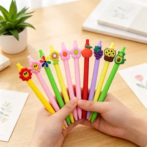 Set de bolígrafos de gel con divertidos adornos de flores y frutas para material escolar y oficina.