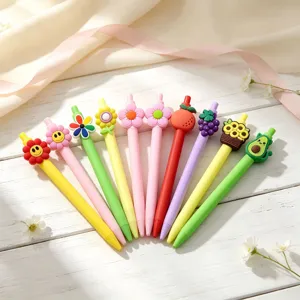 Set de boligrafos de gel con bonitos adornos de silicona de flores y frutas para estudiantes.