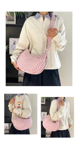 Red and white gingham shoulder bag, trendy casual crescent dumpling bag for women everyday use.