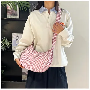 Red white gingham shoulder bag detail, stylish crescent dumpling handbag for daily use