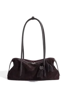 Bolso de hombro de ante marrón oscuro bolso de cuero genuino minimalista con borla