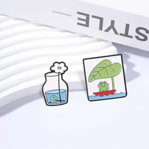 Cute cartoon frog enamel pin set, summer lotus leaf and vase brooch for clothing badge decor.