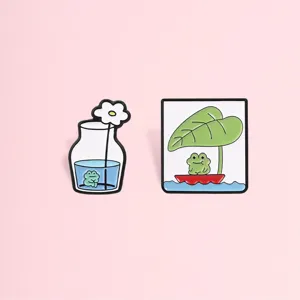 Cartoon Frog Enamel Brooch Cute Lotus Leaf Boat And Vase Daisy Metal Pin Fashion Clothing Backpack Accessories Jewelry