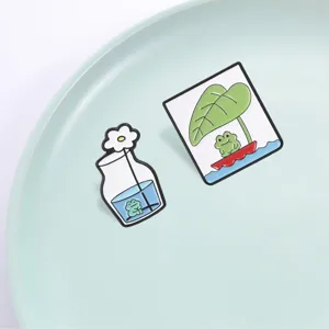 Cute cartoon frog enamel pin set summer leaf boat flower vase metal brooch badge apparel decor