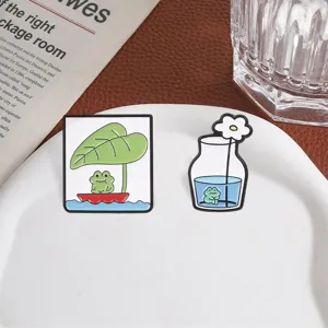 Cute cartoon frog enamel pins set, summer lotus boat and vase daisy metal brooches for clothes.