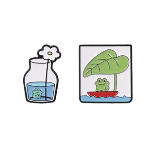 Cute cartoon frog enamel pin set, lovely lotus leaf and vase metal badge for clothes, bags.