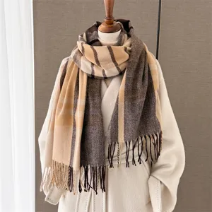 Classic plaid imitation cashmere scarf winter warm tassel shawl cozy retro neck wrap chic