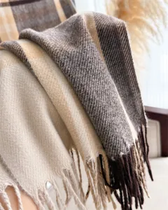 Retro plaid imitation cashmere tassel scarf, warm winter neck wrap and versatile shawl for women.