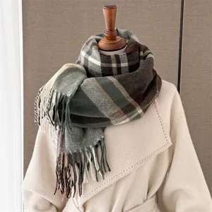 Vintage plaid imitation cashmere scarf featuring cozy tassel details and winter design.