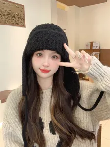 Bonnet aviateur en tricot peluche noir pour femme, chapeau d'hiver chaud et protecteur