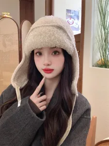 Chaud bonnet aviateur en tricot pour femme, chapeau d'hiver en peluche avec cache-oreilles.