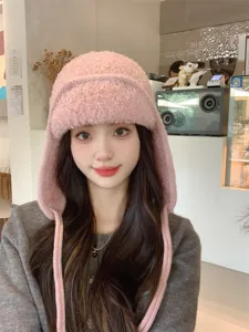 Bonnet trappeur en tricot rose chaud pour femme, cache-oreilles en peluche pour ski.
