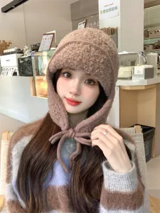Bonnet tricoté chaud hiver femme chapeau trappeur duveteux cache oreilles élégant chic