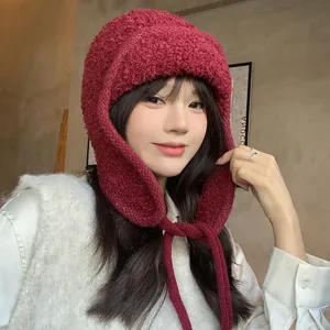 Hiver Chaud Oreillettes Tricot Bonnet Chapeau Pour Femmes Style Coréen Peluche Bomber Trapper Chapeau Temps Froid Ski Doublé Polaire