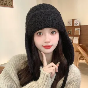 Bonnet trappeur tricoté chaud d'hiver pour femmes, chapeau bouffant à rabats d'oreilles pelucheux.