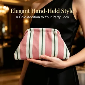 Elegant knitted striped clutch bag detail view, chic hand-held fashion accessory for party.