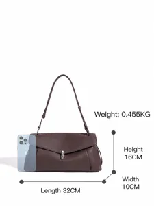 Diagrama detallado de dimensiones y especificaciones del bolso de cuero con medidas exactas.