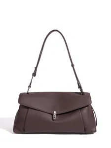 Bolso de hombro de cuero auténtico marrón oscuro para mujer, diseño clásico con cierre metálico.