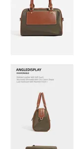 Einfallsreiche grüne Stoff-Boston-Handtasche mit braunem Lederbesatz für Damen und Alltag.
