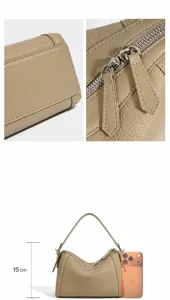 Bolso bandolera de cuero, elegante bolso Boston minimalista en taupe con detalles de cremallera.
