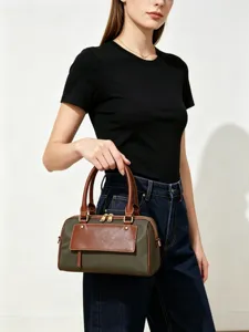 Damen Mode grüne Boston Handtasche mit braunem Lederbesatz, stilvolle Umhängetasche.
