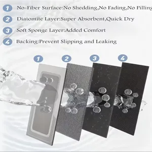 Multi-layer absorbent bath mat detail view showing non-fiber surface and diatomite layer structure.