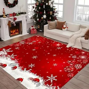 Christmas red rug with white snowflakes and baubles pattern for living room floor decor mat.