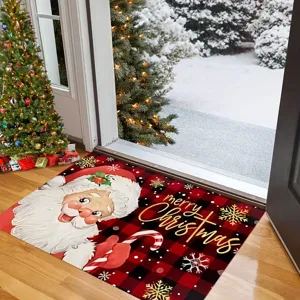 Christmas holiday doormat with Santa Claus design, red and black plaid pattern entrance mat.