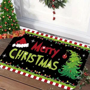 Christmas holiday doormat detail view, festive Merry Christmas pattern design for indoor entry floor rug.