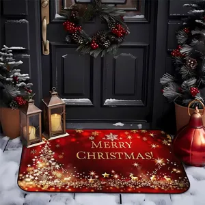 Christmas holiday doormat detail view, festive red and gold design with stars and trees.