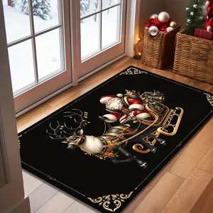 Christmas holiday doormat with luxury gold Santa and reindeer design for indoor entry home decor.
