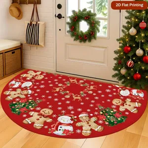 Detailed shot of Christmas semi-circular floor mat with festive gingerbread men and snowman patterns.