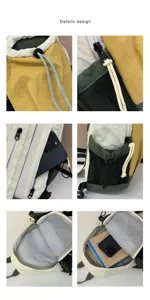 Vue détaillée du sac à dos décontracté avec cordon de serrage et poches latérales en filet.