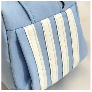 Lichtblauwe casual schoudertas detail, stijlvol stoffen materiaal met iconisch strepenontwerp.