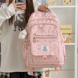 Zaino da Scuola per Studenti a Pois con Fiocco in Nylon ad Alta Capacità per Ragazze Zaino per Libri Scolastici Casual