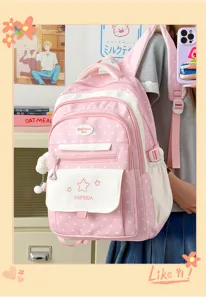 Pink polka dot school backpack for teen girls, casual two-tone design with pockets.
