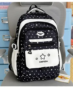 Casual student backpack with cute polka dot and star pattern, chic contrast design for daily use.