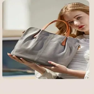 Women fashion shoulder bag grey leather handbag casual tote bag top handle daily use