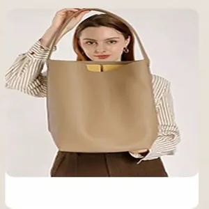 Classic solid color leather shoulder bucket bag for women, stylish casual daily handbag.