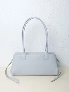 Elegant light blue leather quilted shoulder bag for women, vintage baguette underarm bag.