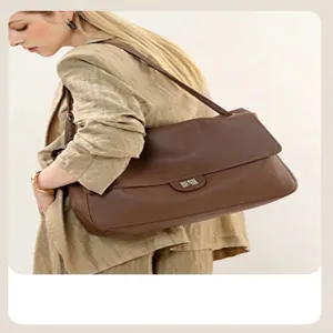 Stylish brown leather shoulder bag for women, elegant daily casual crossbody handbag.