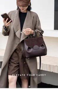 Stylish brown genuine leather commuter handbag with suede flap, versatile shoulder and crossbody bag.