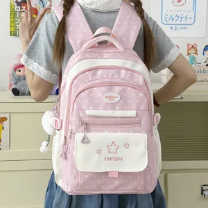 Preppy Polka Dot Star Pattern Girls School Backpack Large Capacity Nylon Color Block Student Bookbag For Teens School Travel Daily Casual